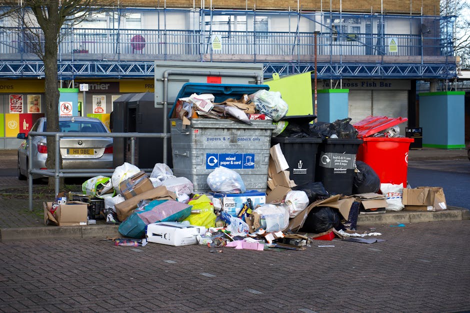 A collection of discarded cardboard boxes, many crushed or torn, scattered across a patch of uneven ground with patches of grass and soil. The boxes are primarily green and white, with some displaying